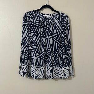Annie Griffin Women’s Navy and White Geometric Print Silk Top Sz Large